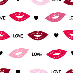 Seamless pattern with colorful lips, words love and hearts.
