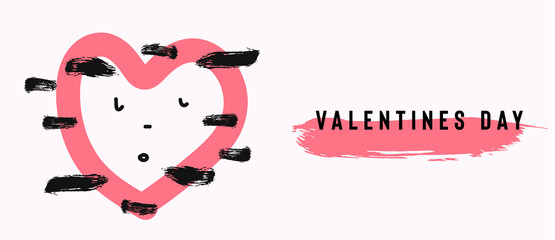 Happy Valentine's Day card with text and red baloon hearts. Trendy background with hand drawn brush paints. Vector illustration