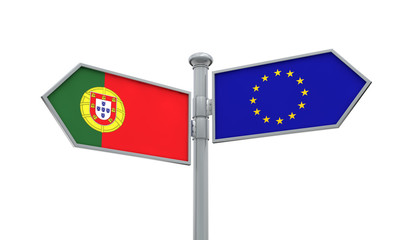 Portugal and European Union guidepost. Moving in different directions. 3D Rendering