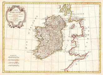1771, Bonne Map of Ireland, Rigobert Bonne 1727 – 1794, one of the most important cartographers of the late 18th century