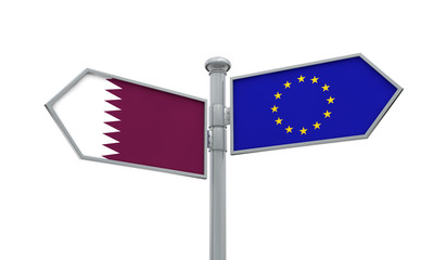 Qatar and European Union guidepost. Moving in different directions. 3D Rendering