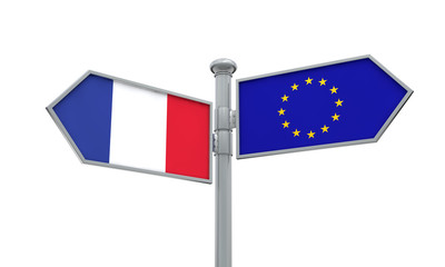 France and European Union guidepost. Moving in different directions. 3D Rendering