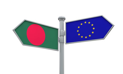 Bangladesh and European Union guidepost. Moving in different directions. 3D Rendering
