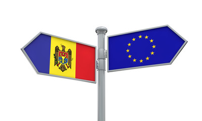 Moldova and European Union guidepost. Moving in different directions. 3D Rendering