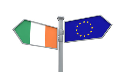 Ireland and European Union guidepost. Moving in different directions. 3D Rendering