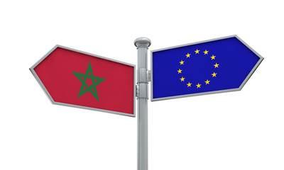 Morocco and European Union guidepost. Moving in different directions. 3D Rendering