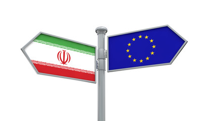 Iran and European Union guidepost. Moving in different directions. 3D Rendering