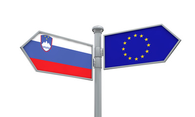 Slovenia and European Union guidepost. Moving in different directions. 3D Rendering