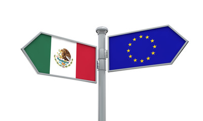 Mexico and European Union guidepost. Moving in different directions. 3D Rendering