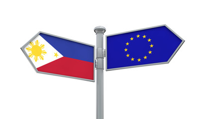 Philippines and European Union guidepost. Moving in different directions. 3D Rendering