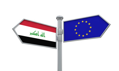 Iraq and European Union guidepost. Moving in different directions. 3D Rendering