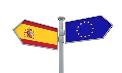 Spain and European Union guidepost. Moving in different directions. 3D Rendering