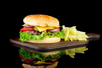 Hamburger on a black background
