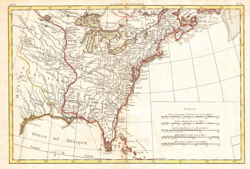 1776, Bonne Map of Louisiana and the British Colonies in North America, Rigobert Bonne 1727 – 1794, one of the most important cartographers of the late 18th century