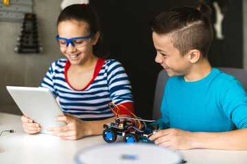 Brother and sister working on school project together