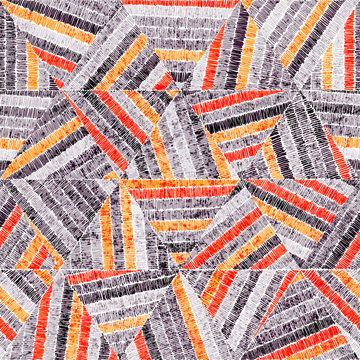 Embroidered seamless geometric pattern. Ornament for the carpet. Ethnic and tribal motifs. Vintage grunge texture. Colorful print of handmade. Orange, gray, black and white colors. Vector art.
