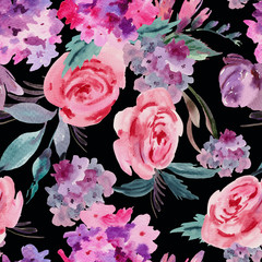 Watercolor floral seamless pattern with pink roses, hydrangea, leaves and buds