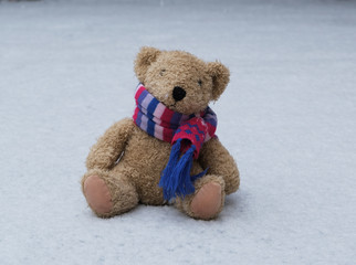 old teddy bear in a scarf sits on white snow, winter day