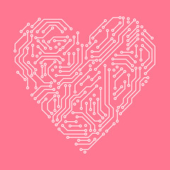 Printed circuit board pink and white heart shape computer technology, vector - 243671217