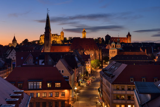 Skyline of Nuremberg at sunset, Bavaria, Middle Franconia, Germany