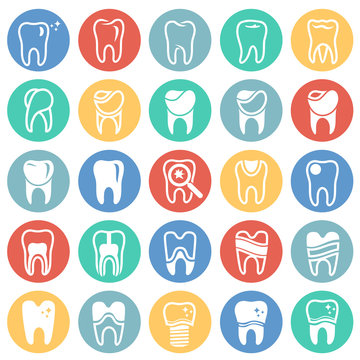 Tooth icon set on color circles background for graphic and web design, Modern simple vector sign. Internet concept. Trendy symbol for website design web button or mobile app