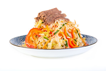 Korean salad with meat on white background