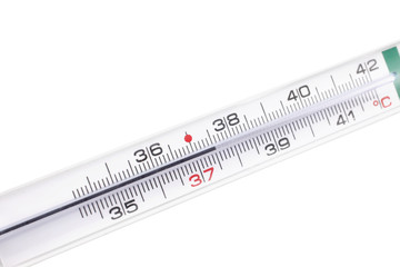 close up on mercury thermometer isolate on white background with clipping path and copy space