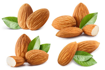 Set of almonds with leaves, isolated on white background