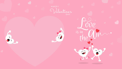 Happy Valentine's day hand lettering love is all around on pink background. Cute heart cartoon and romantic quote postcard, card, invitation, banner template.