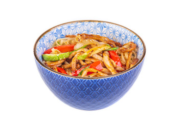 Korean salad with meat on white background