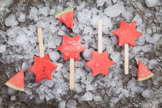 Homemade frozen watermelon star ice lollies