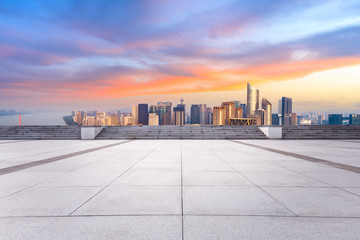 Empty floor and city skyline at sunrise in hangzhou,high angle view