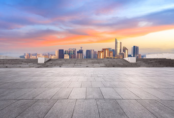 Fototapeta na wymiar Empty floor and city skyline at sunrise in hangzhou,high angle view
