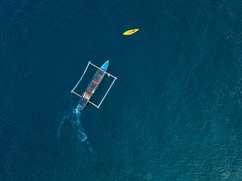 Indonesia, Bali, Amed, banca boat from above