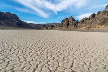 Dry lake bed formed polygon patterns, usually 6 sided, Racetrack Playa and The Grandstand Island,...