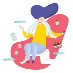 Woman with a cat at home. Winter weekend concept. Woman drinking tea with cake and cupcakes. Colorful vector illustration in flat cartoon style.
