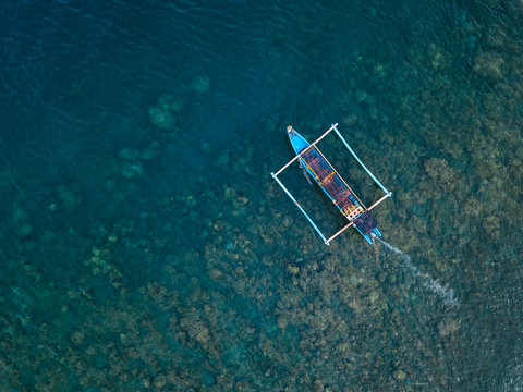 Indonesia, Bali, Amed, banca boat from above