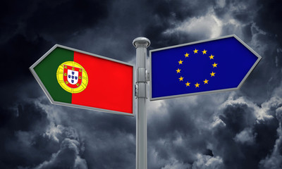 Portugal and European Union guidepost. Moving in different directions. 3D Rendering