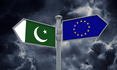 Pakistan and European Union guidepost. Moving in different directions. 3D Rendering