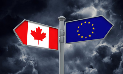 Canada and European Union guidepost. Moving in different directions. 3D Rendering