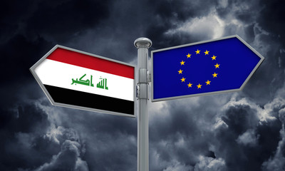 Iraq and European Union guidepost. Moving in different directions. 3D Rendering
