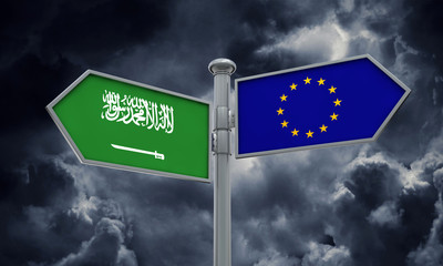 Saudi Arabia and European Union guidepost. Moving in different directions. 3D Rendering