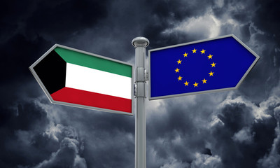 Kuwait and European Union guidepost. Moving in different directions. 3D Rendering