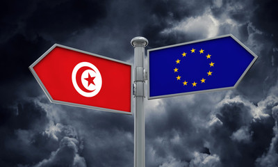 Tunisia and European Union guidepost. Moving in different directions. 3D Rendering