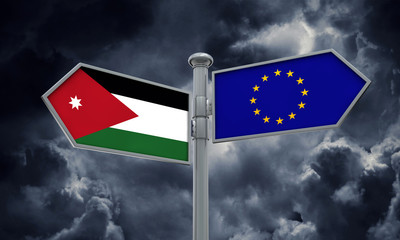 Jordan and European Union guidepost. Moving in different directions. 3D Rendering