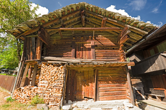 Typical wooden Walser house on the slopes of Monte Rosaa in Piedmont, Italy.