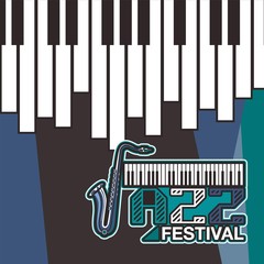 Jazz music festival, poster background template. Keyboard with music notes. Flyer Vector design