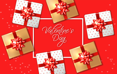 Valentine day red card with gift boxes Vector realistic. Celebrate love card. 3d detailed illustrations