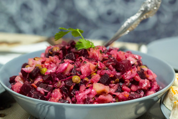 Traditional russian vegetable beetroot salad in vinaigrette
