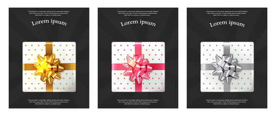 Gift boxes brochures Vector realistic. Dark background confeti sparkle. Product placement mock up. Design packaging 3d illustration. Birthday, Wedding, Anniversary decor template banners